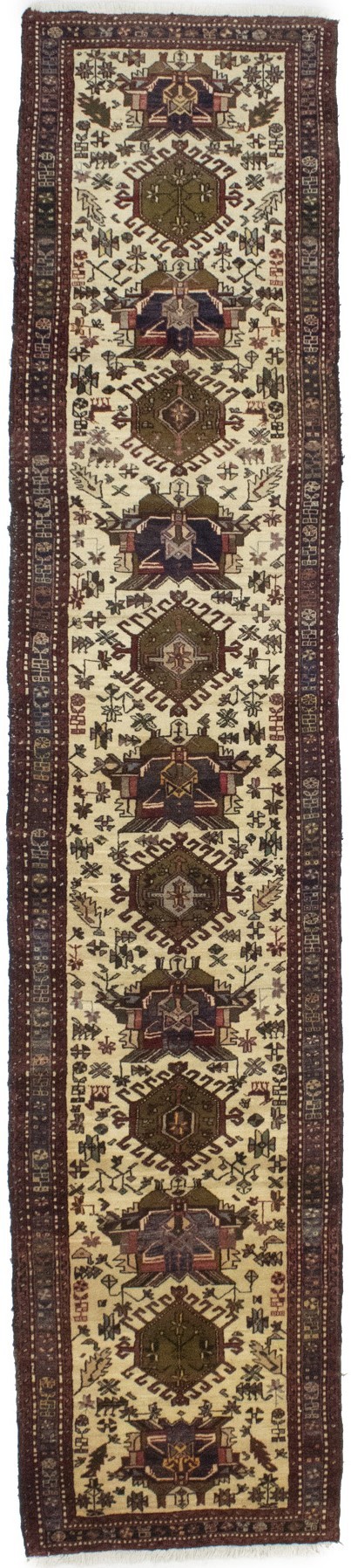 Vintage Beige Geometric 3X13 Karajeh Persian Runner Rug