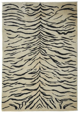 Cream & Black Abstract Modern 5X8 Kazak Pakistan Rug