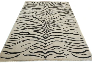 Cream & Black Abstract Modern 5X8 Kazak Pakistan Rug