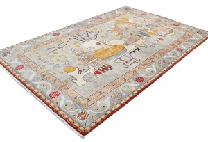 Pastel Gray Pictorial Modern 4'6X7'0 Kazak Pakistan Rug