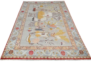 Pastel Gray Pictorial Modern 4'6X7'0 Kazak Pakistan Rug