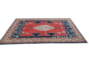 Red Geometric Modern 4X6 Kazak Oushak Pakistan Rug