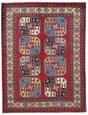 Red Geometric Modern 4X5 Kazak Oushak Pakistan Rug