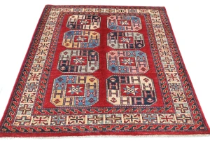 Red Geometric Modern 4X5 Kazak Oushak Pakistan Rug