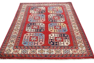 Red Geometric Modern 4X5 Kazak Oushak Pakistan Rug
