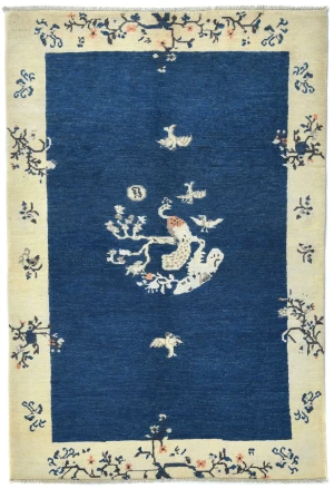 Navy Blue Bordered Modern 4X6 Kazak Oushak Pakistan Rug