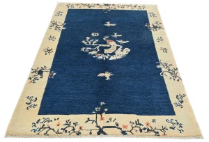 Navy Blue Bordered Modern 4X6 Kazak Oushak Pakistan Rug