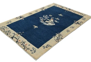 Navy Blue Bordered Modern 4X6 Kazak Oushak Pakistan Rug
