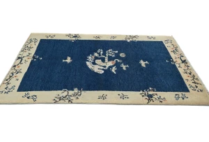 Navy Blue Bordered Modern 4X6 Kazak Oushak Pakistan Rug
