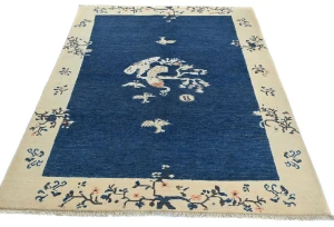 Navy Blue Bordered Modern 4X6 Kazak Oushak Pakistan Rug