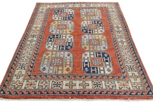 Dark Orange Modern Geometric 4X6 Kazak Oushak Pakistan Rug