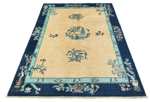 Cream Bordered Modern 4X6 Kazak Oushak Pakistan Rug
