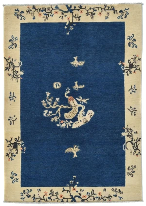 Navy Blue Bordered Modern 4X6 Kazak Osuhak Pakistan Rug