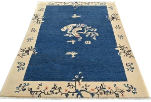 Navy Blue Bordered Modern 4X6 Kazak Osuhak Pakistan Rug