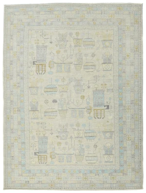 Muted Beige Floral Transitional 9X12 Oushak Oriental Rug