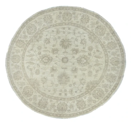 Muted Beige Floral Transitional 5x5 Oushak Oriental Round Rug