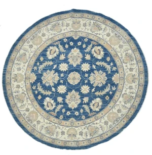 Muted Royal Blue Floral Transitional 7x7 Oushak Oriental Round Rug