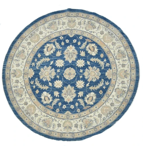 Muted Royal Blue Floral Transitional 7x7 Oushak Oriental Round Rug