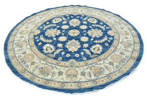 Muted Royal Blue Floral Transitional 7x7 Oushak Oriental Round Rug