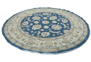 Muted Royal Blue Floral Transitional 7x7 Oushak Oriental Round Rug