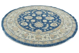 Muted Royal Blue Floral Transitional 7x7 Oushak Oriental Round Rug