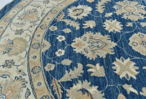 Muted Royal Blue Floral Transitional 7x7 Oushak Oriental Round Rug