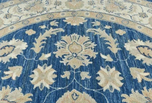 Muted Royal Blue Floral Transitional 7x7 Oushak Oriental Round Rug
