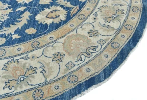 Muted Royal Blue Floral Transitional 7x7 Oushak Oriental Round Rug