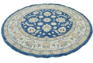 Muted Royal Blue Floral Transitional 7x7 Oushak Oriental Round Rug