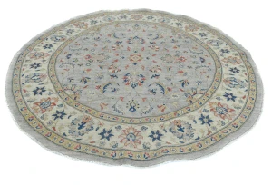 Gray Floral Transitional 6'4 X 6'6 Oushak Oriental Round Rug