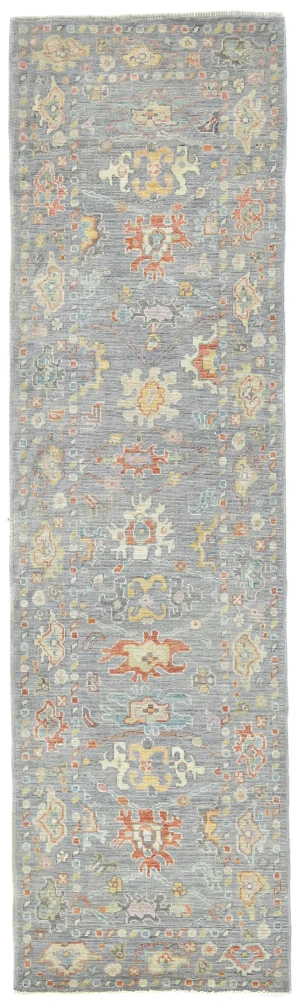 Muted Gray Floral Transitional 3X10 Oushak Oriental Runner Rug
