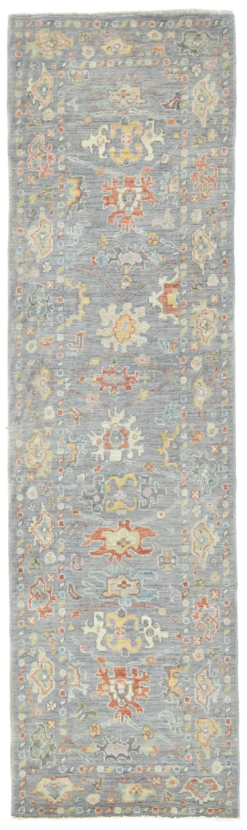 Muted Gray Floral Transitional 3X10 Oushak Oriental Runner Rug