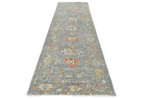 Muted Gray Floral Transitional 3X10 Oushak Oriental Runner Rug