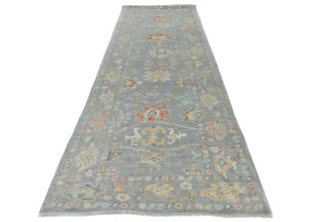 Muted Gray Floral Transitional 3X10 Oushak Oriental Runner Rug