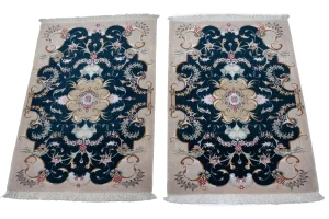 Dark Navy & Cream Traditional 2X3 Pair of Tabriz Persian Rugs