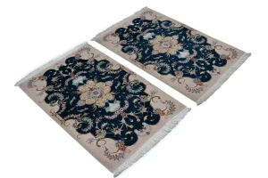 Dark Navy & Cream Traditional 2X3 Pair of Tabriz Persian Rugs