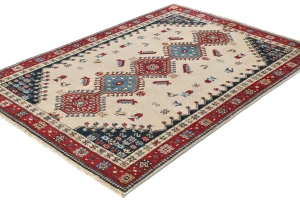 Cream Tribal Geometric 4X6 Kazak Oushak Pakistan Rug