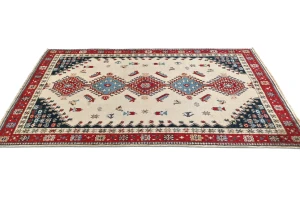 Cream Tribal Geometric 4X6 Kazak Oushak Pakistan Rug