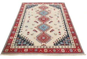 Cream Tribal Geometric 4X6 Kazak Oushak Pakistan Rug