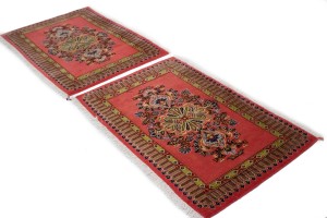 Pair of Small Vintage Pastel Red Floral 2X3 Kashan Persian Rug