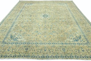 Antique Muted Tan Floral 10X13 Distressed Vintage Oriental Rug