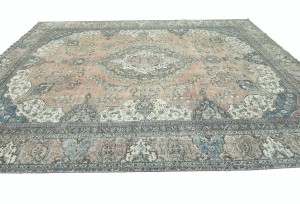 Antique Muted Rust Floral 10'4X13'6 Distressed Vintage Oriental Rug