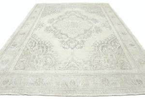 Antique Muted Cream Floral 9X13 Distressed Vintage Oriental Rug