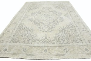 Antique Muted Cream Floral 9X13 Distressed Vintage Oriental Rug