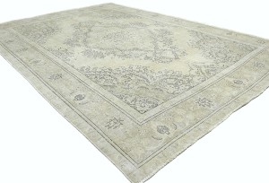 Antique Muted Cream Floral 9X13 Distressed Vintage Oriental Rug