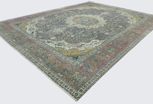 Antique Muted Plum Floral 10X13 Distressed Vintage Oriental Rug