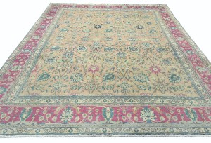 Antique Muted Salmon Floral 10X13 Distressed Vintage Oriental Rug