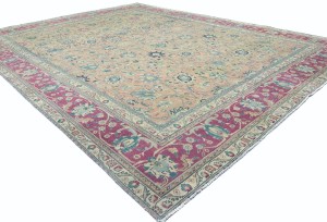 Antique Muted Salmon Floral 10X13 Distressed Vintage Oriental Rug