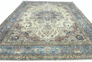 Antique Muted Cream Floral 10X13 Distressed Vintage Oriental Rug