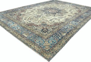 Antique Muted Cream Floral 10X13 Distressed Vintage Oriental Rug